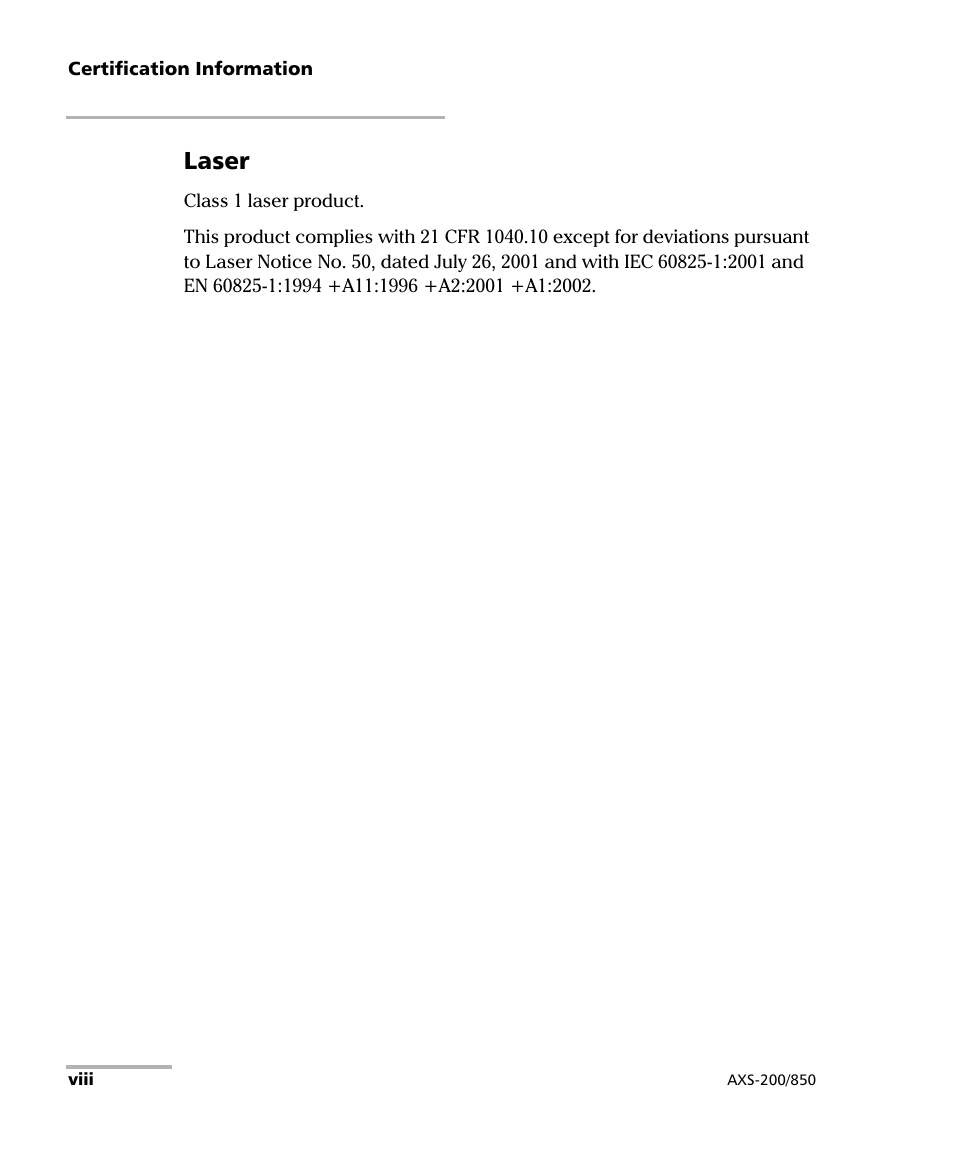 Laser | EXFO AXS-200/850 Ethernet Test Set User Manual | Page 8 / 262