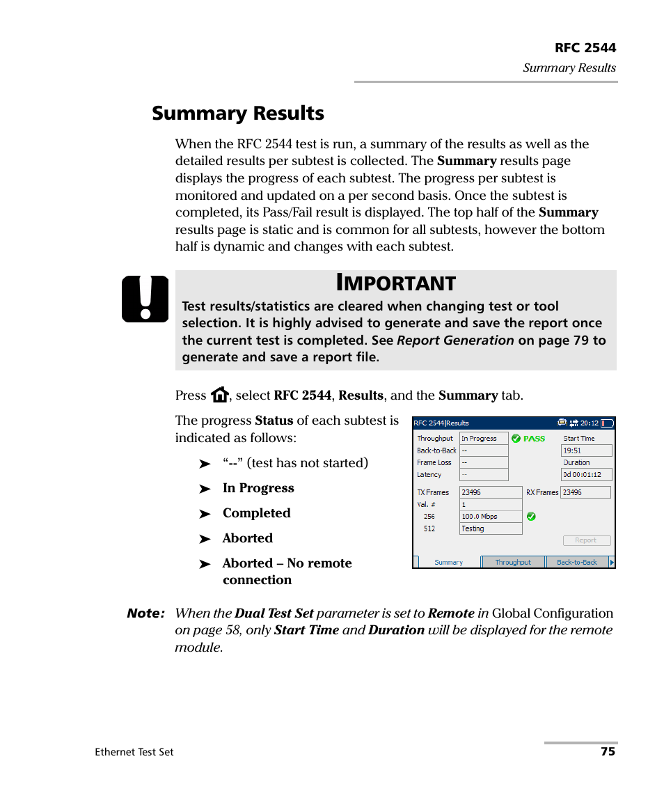 Summary results, Mportant | EXFO AXS-200/850 Ethernet Test Set User Manual | Page 85 / 262