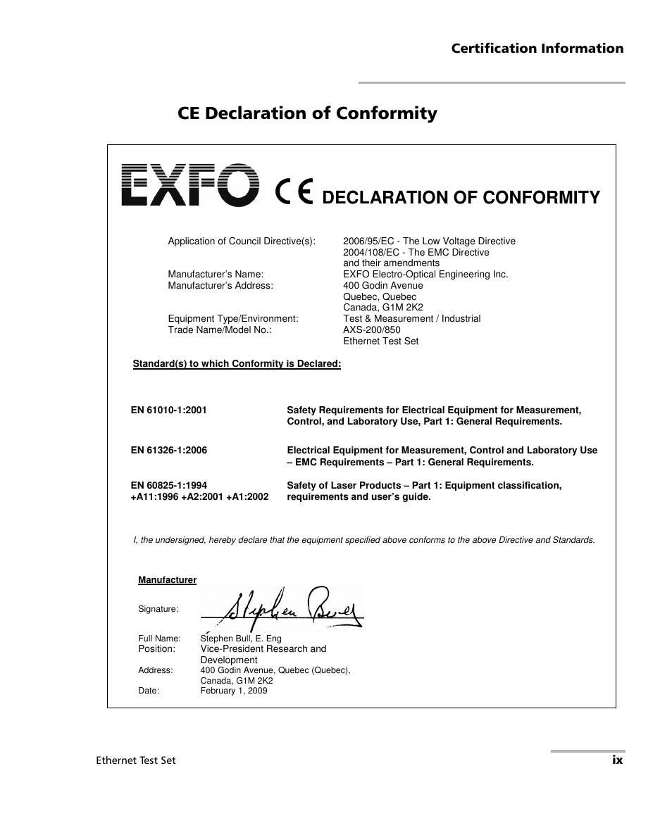 Ce declaration of conformity, Declaration of conformity, Certification information | EXFO AXS-200/850 Ethernet Test Set User Manual | Page 9 / 262