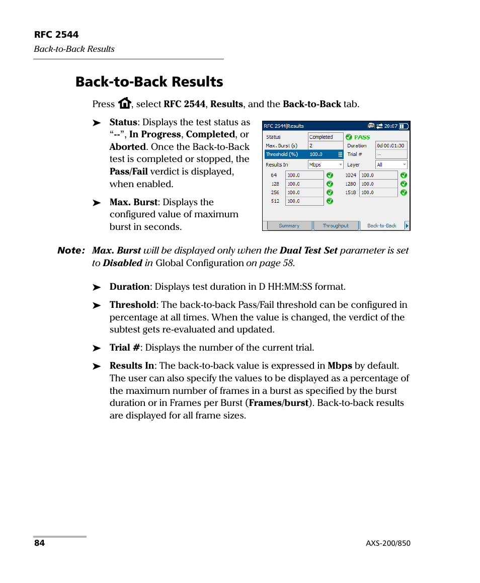 Back-to-back results | EXFO AXS-200/850 Ethernet Test Set User Manual | Page 94 / 262