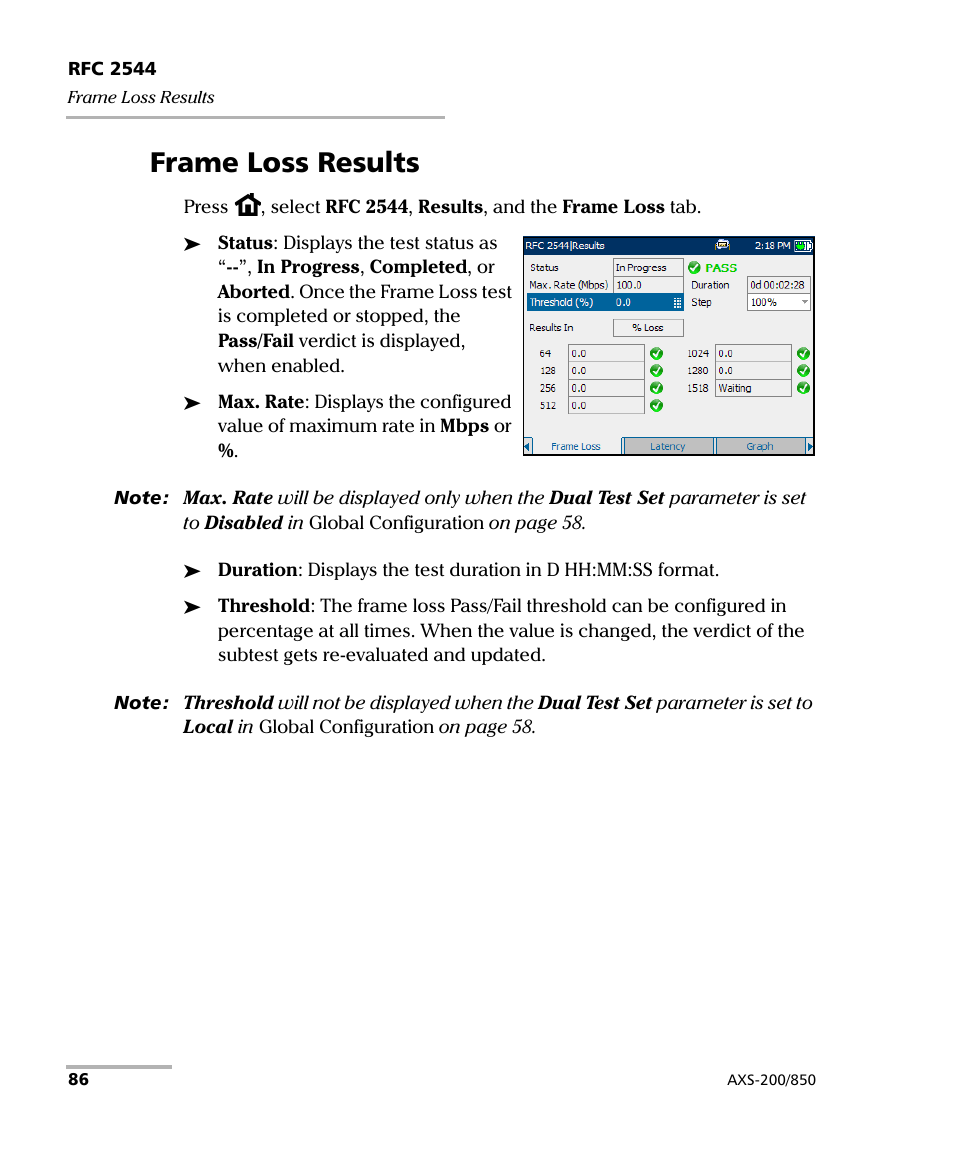 Frame loss results | EXFO AXS-200/850 Ethernet Test Set User Manual | Page 96 / 262