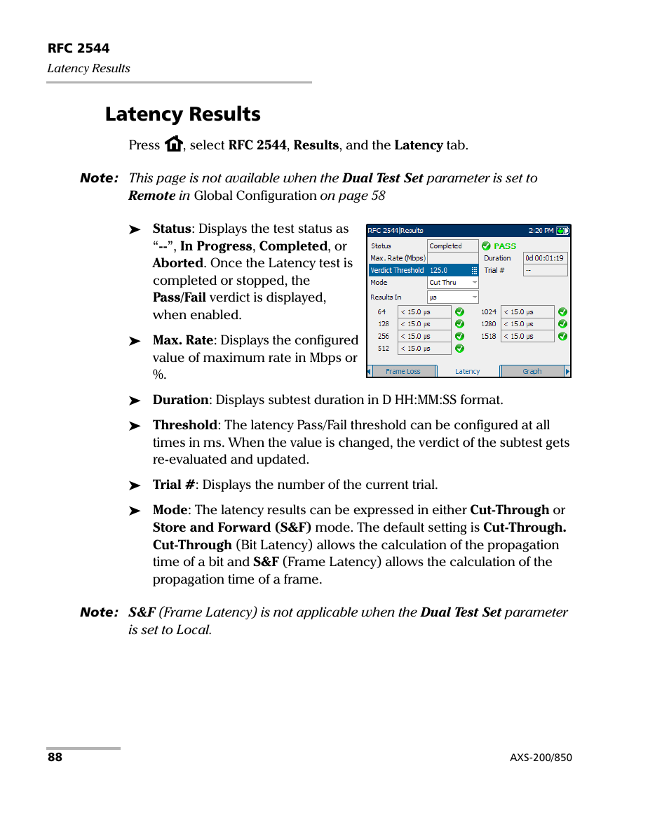 Latency results | EXFO AXS-200/850 Ethernet Test Set User Manual | Page 98 / 262