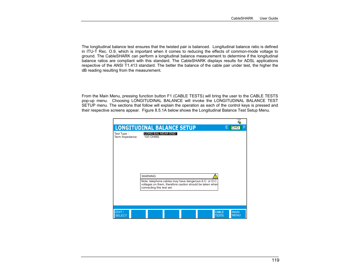 Longitudinal balance test, 1 setting up a longitudinal balance test | EXFO CableSHARK P3 VF/DSL Cable Qualifier User Manual | Page 131 / 321