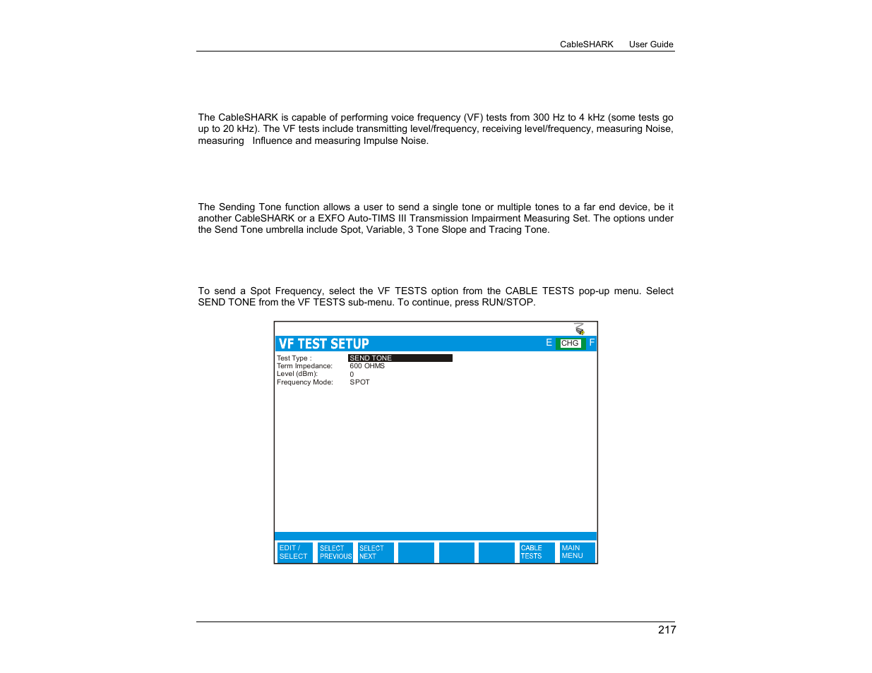 1 sending tone (transmitting level/frequency), 1 sending spot frequencies | EXFO CableSHARK P3 VF/DSL Cable Qualifier User Manual | Page 229 / 321