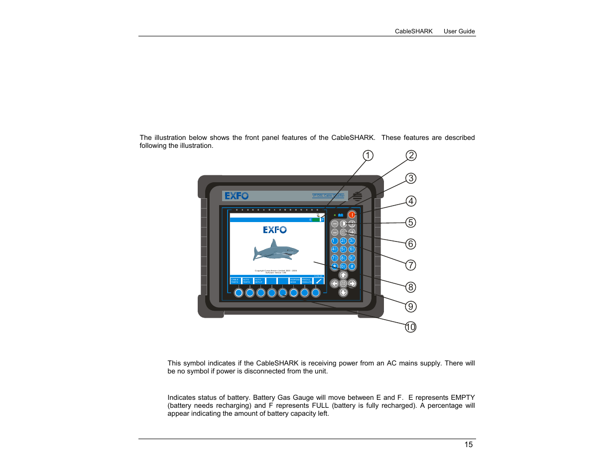 1 physical features of the cableshark, 1 the front panel, Ac mains plug symbol | Battery status indicator, Cableshark p3, Figure 4.1.1a - cableshark front panel | EXFO CableSHARK P3 VF/DSL Cable Qualifier User Manual | Page 27 / 321