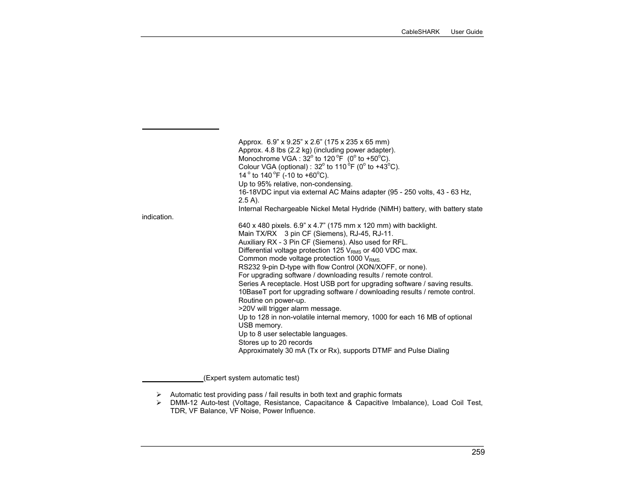 Appendix c cableshark specifications, General features, Vf auto-test | EXFO CableSHARK P3 VF/DSL Cable Qualifier User Manual | Page 271 / 321