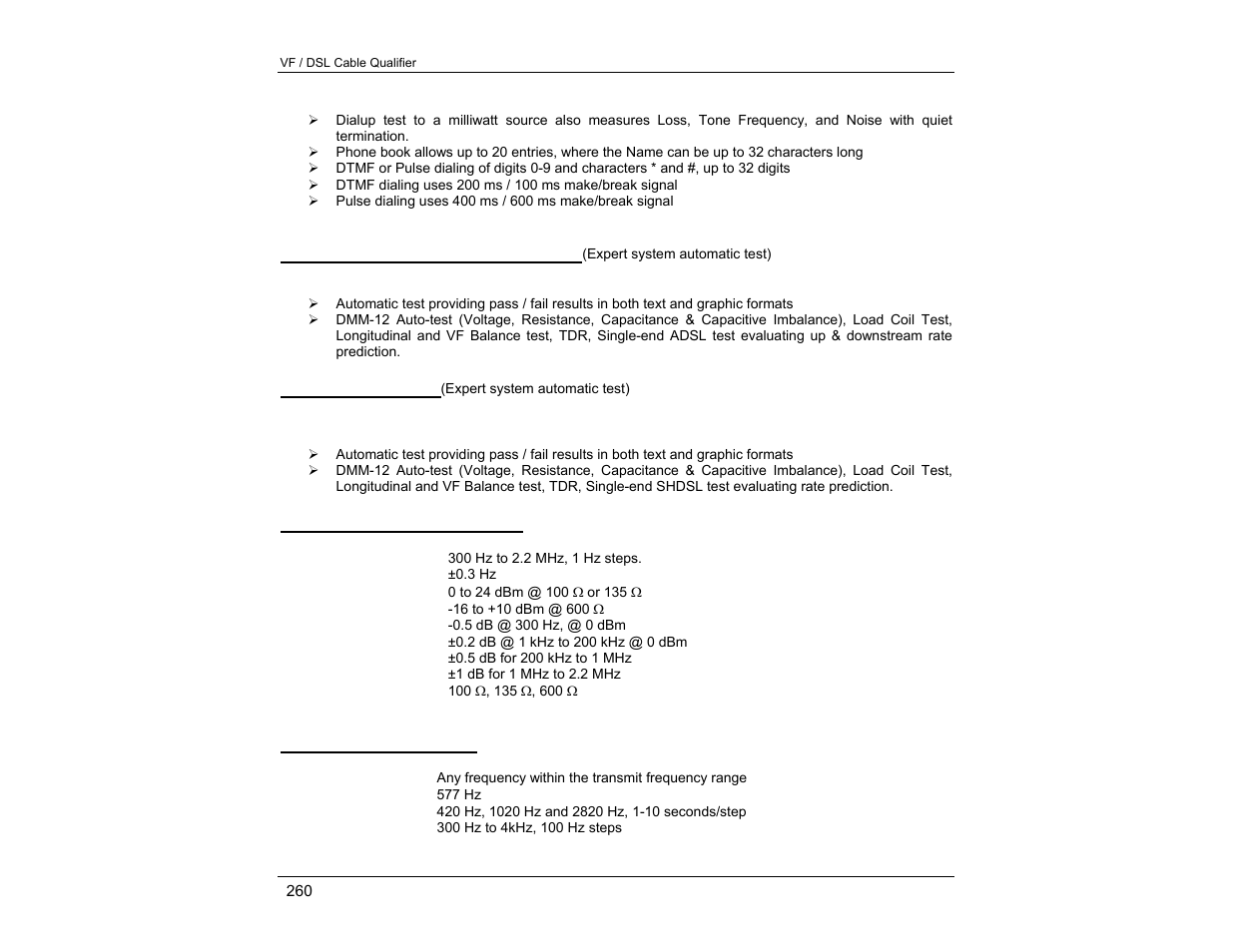 Adsl, adsl2, adsl2+ auto-test, Shdsl auto-test, Transmitter characteristics | Transmitter functions | EXFO CableSHARK P3 VF/DSL Cable Qualifier User Manual | Page 272 / 321