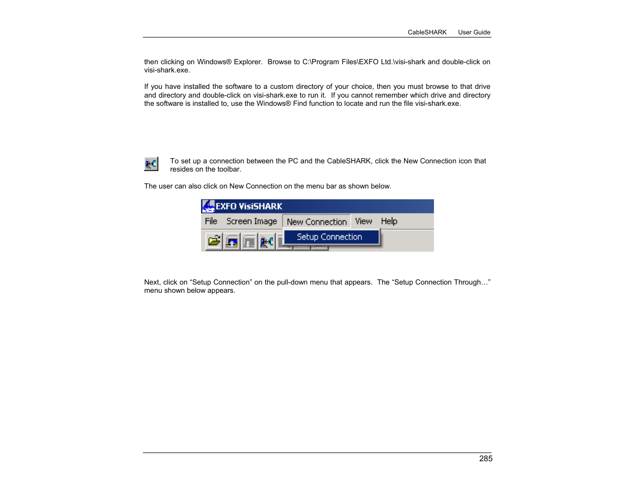 J.4 setting up a new connection with visi-shark | EXFO CableSHARK P3 VF/DSL Cable Qualifier User Manual | Page 297 / 321