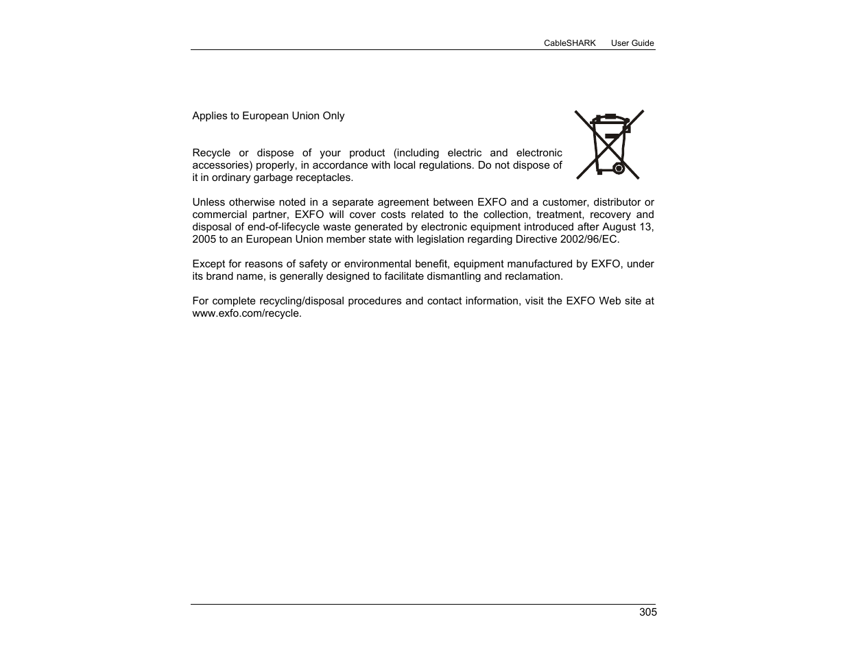 Appendix l recycling and disposal | EXFO CableSHARK P3 VF/DSL Cable Qualifier User Manual | Page 317 / 321