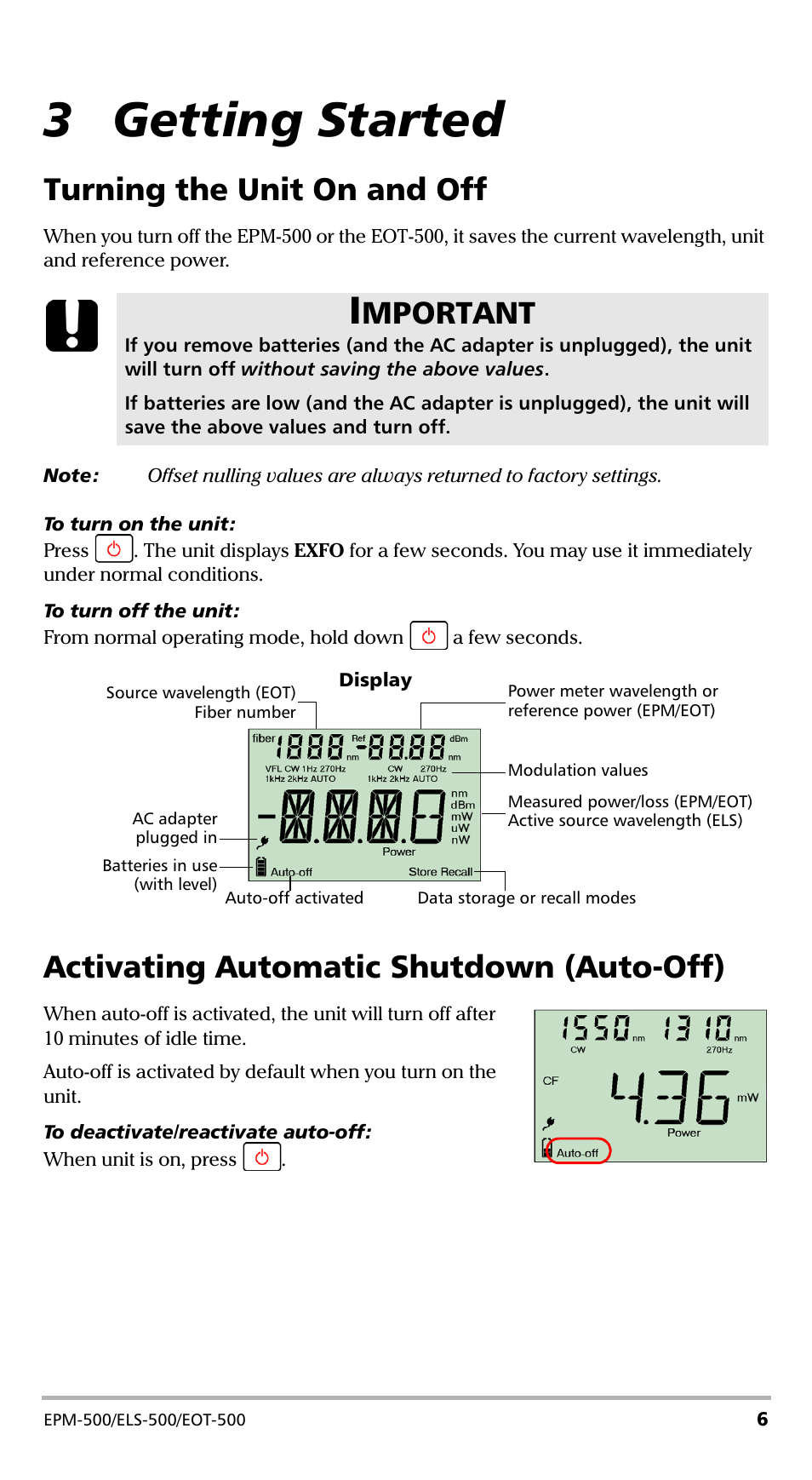 3 getting started, Turning the unit on and off, Activating automatic shutdown (auto-off) | Mportant | EXFO EPM-500 Power Meter User Manual | Page 11 / 45