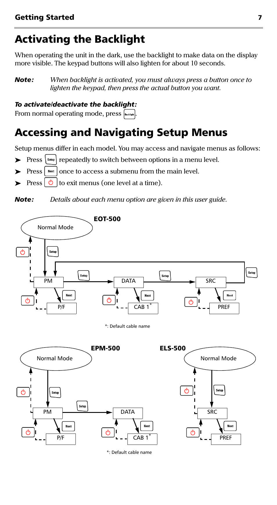 Activating the backlight, Accessing and navigating setup menus, Getting started | EXFO EPM-500 Power Meter User Manual | Page 12 / 45