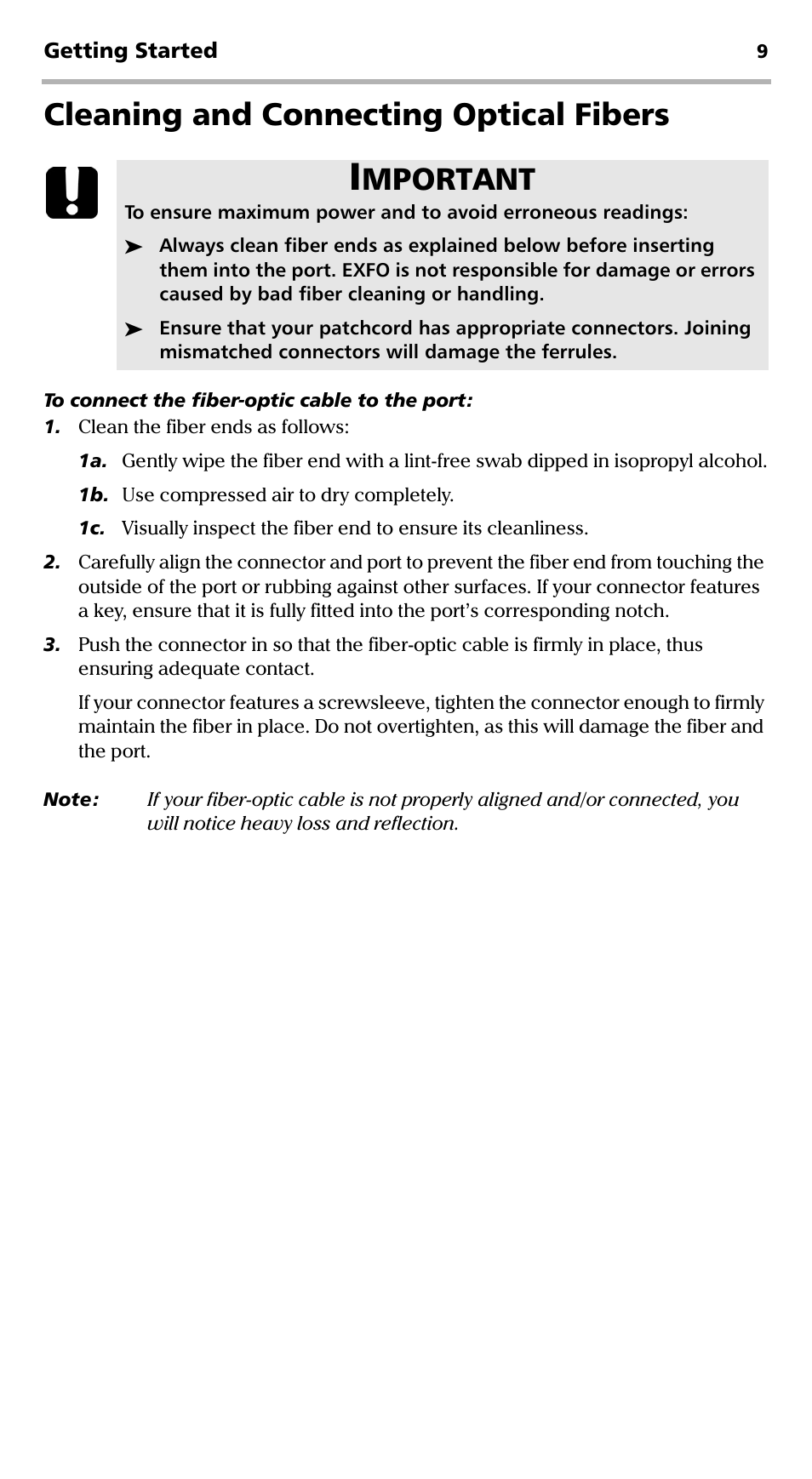 Cleaning and connecting optical fibers, Mportant | EXFO EPM-500 Power Meter User Manual | Page 14 / 45