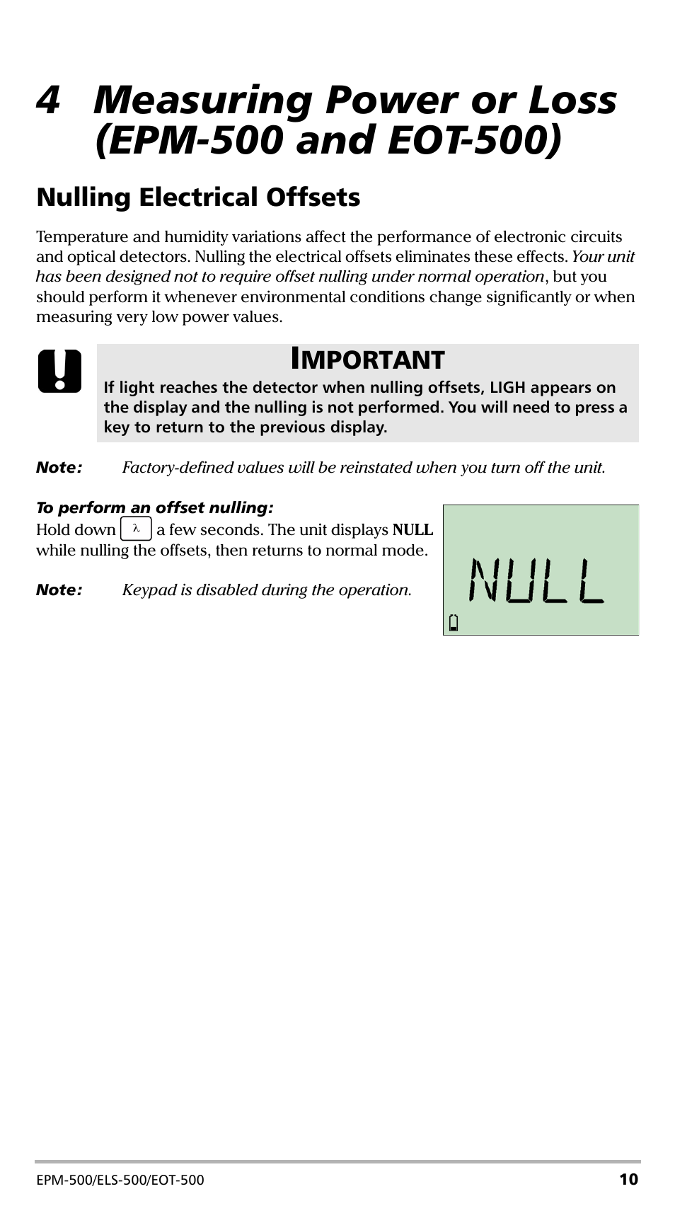 4 measuring power or loss (epm-500 and eot-500), Nulling electrical offsets, Mportant | EXFO EPM-500 Power Meter User Manual | Page 15 / 45