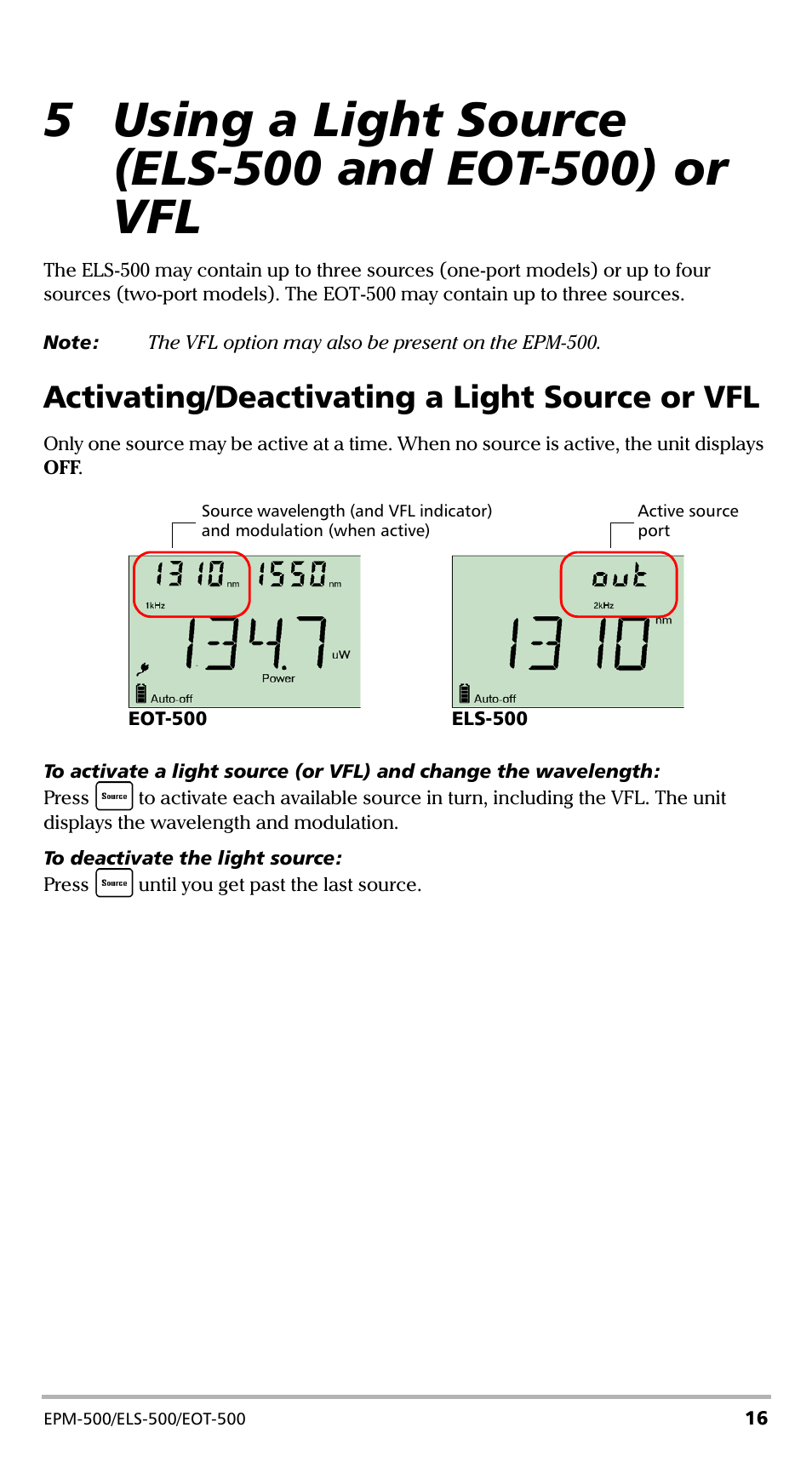 Activating/deactivating a light source or vfl | EXFO EPM-500 Power Meter User Manual | Page 21 / 45