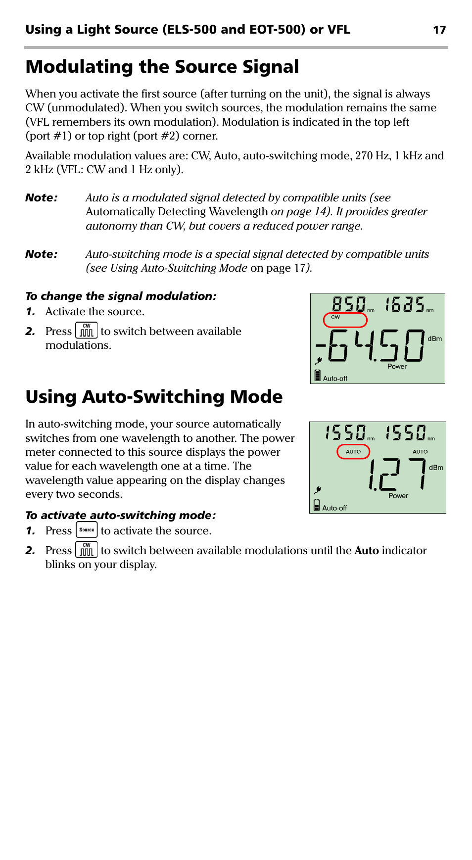 Modulating the source signal, Using auto-switching mode | EXFO EPM-500 Power Meter User Manual | Page 22 / 45