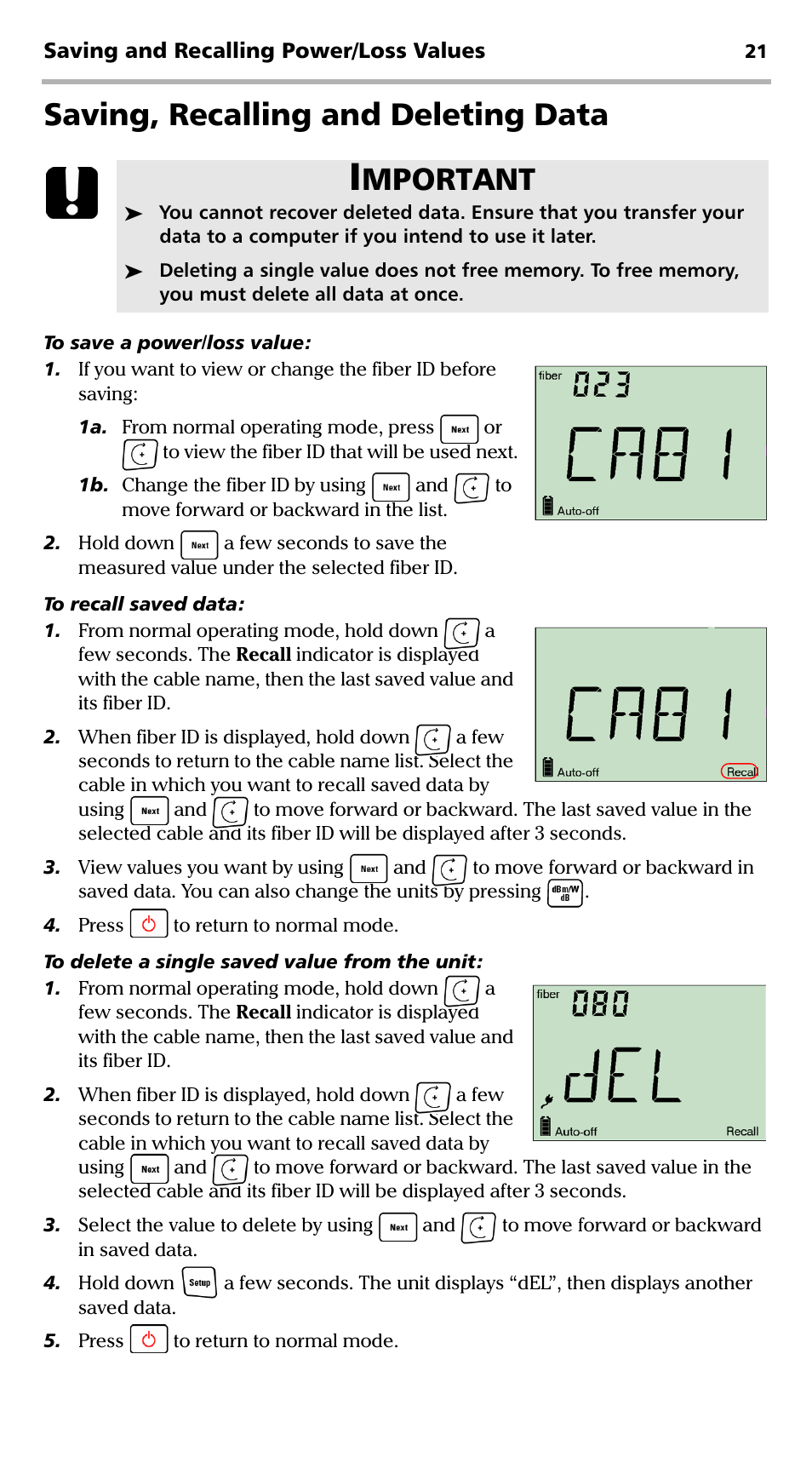 Saving, recalling and deleting data, Mportant | EXFO EPM-500 Power Meter User Manual | Page 26 / 45