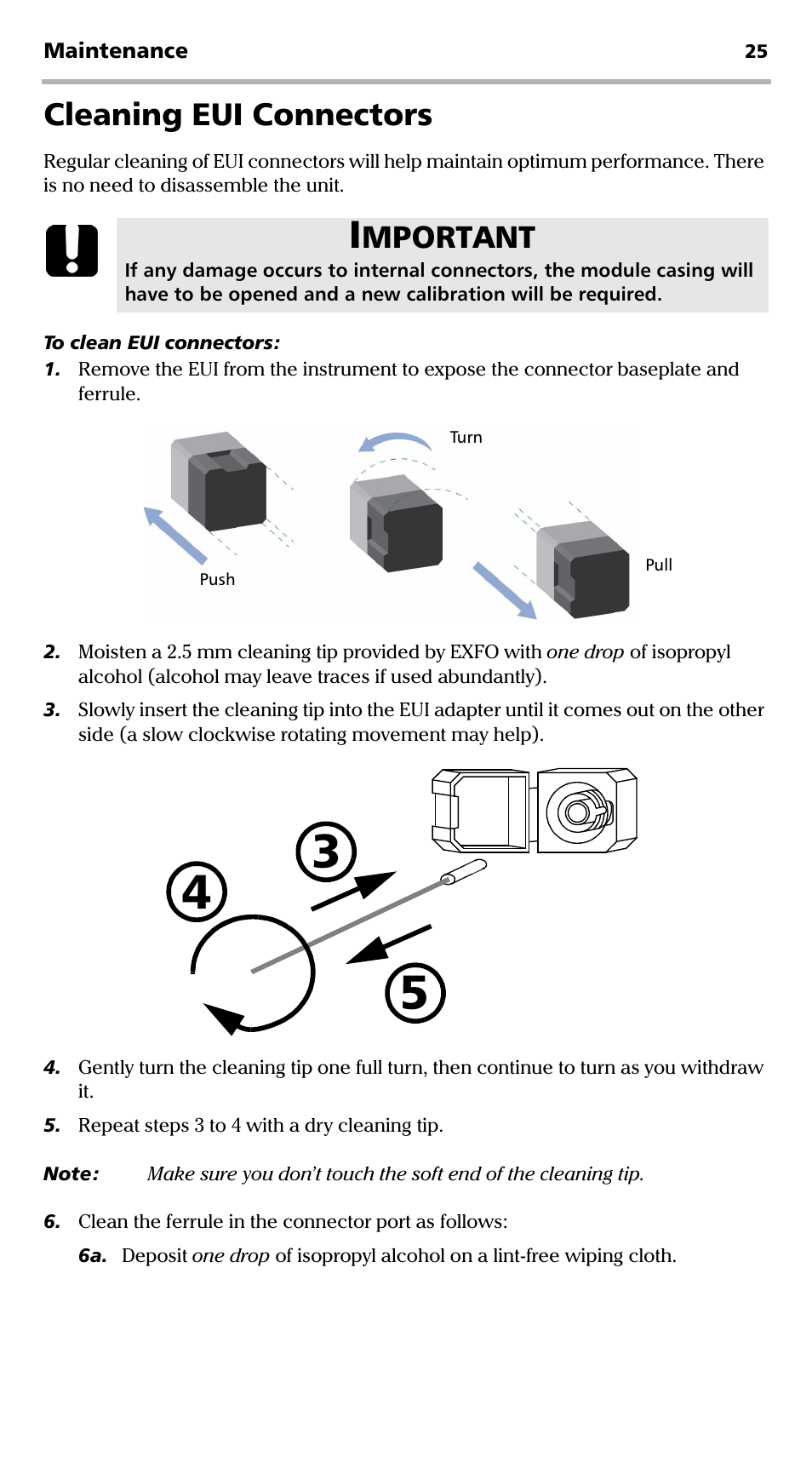 Cleaning eui connectors, Mportant | EXFO EPM-500 Power Meter User Manual | Page 30 / 45