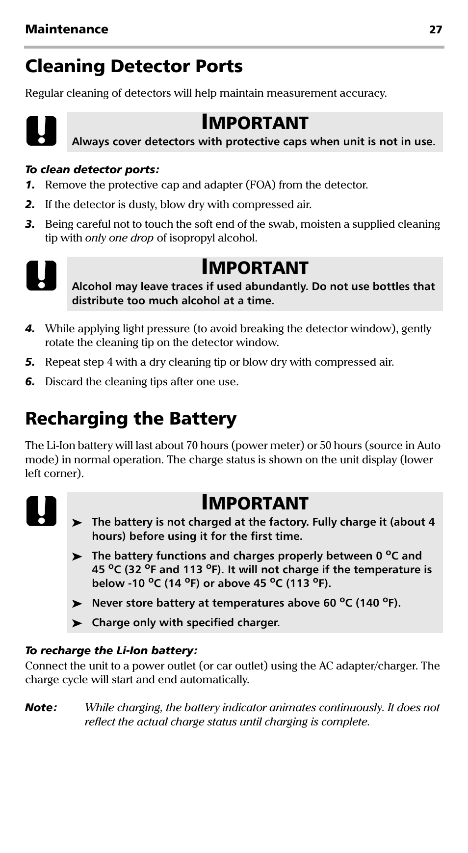 Cleaning detector ports, Recharging the battery, Cleaning detector ports recharging the battery | Mportant | EXFO EPM-500 Power Meter User Manual | Page 32 / 45