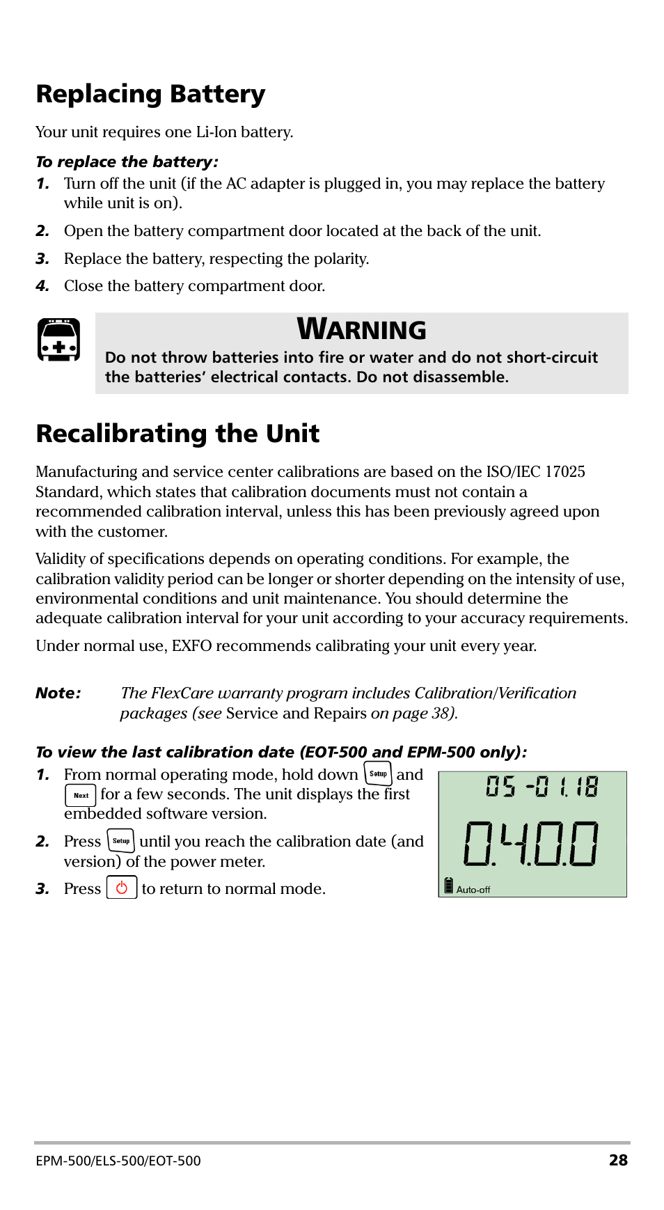 Replacing battery, Recalibrating the unit, Replacing battery recalibrating the unit | Arning | EXFO EPM-500 Power Meter User Manual | Page 33 / 45