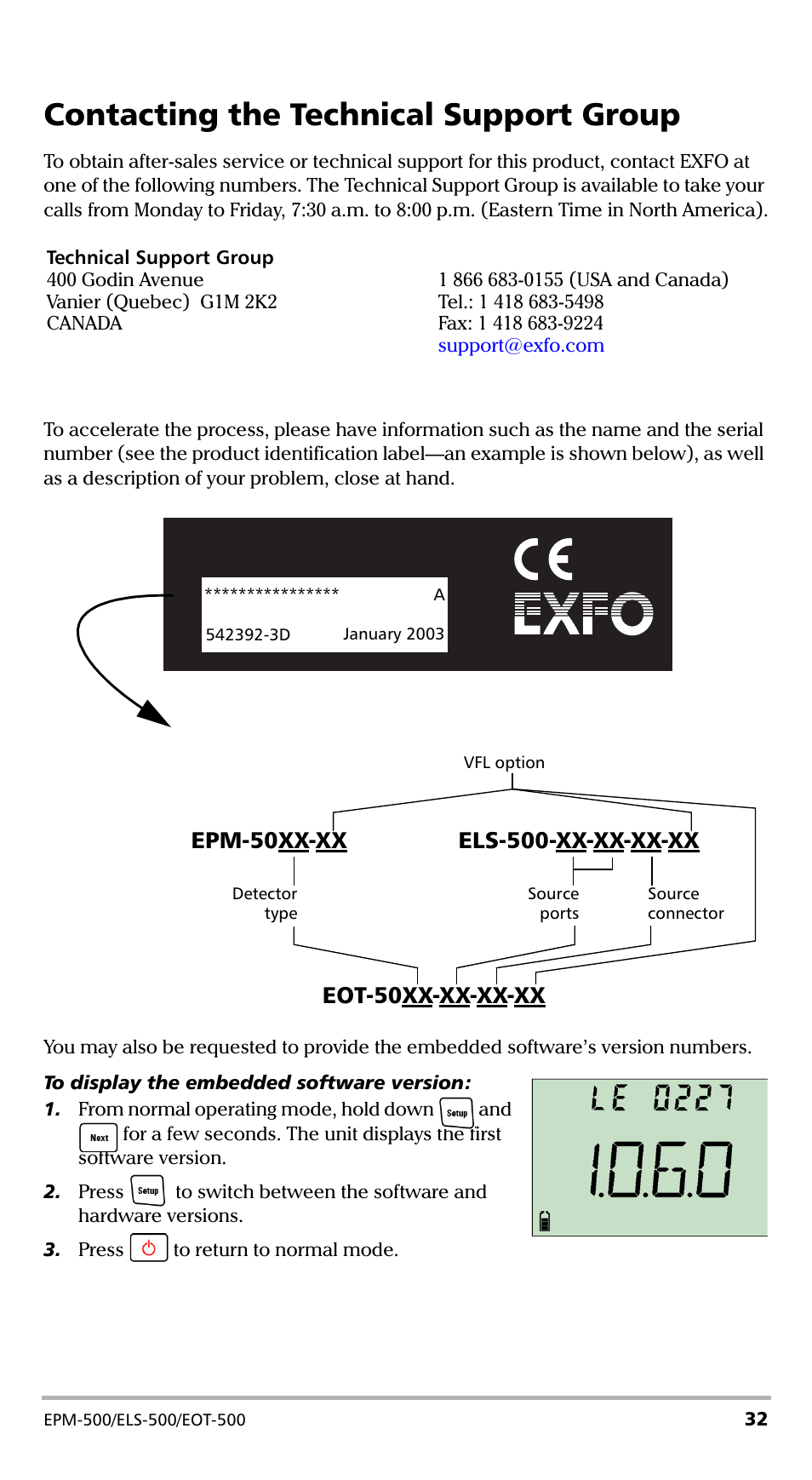 Contacting the technical support group, Epm-50xx-xx | EXFO EPM-500 Power Meter User Manual | Page 37 / 45