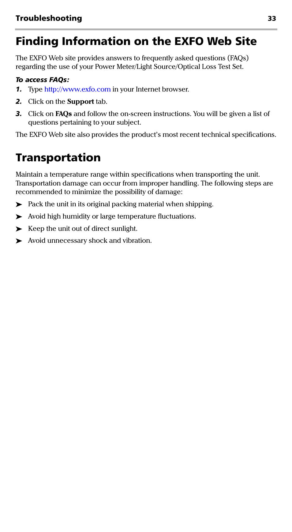 Finding information on the exfo web site, Transportation | EXFO EPM-500 Power Meter User Manual | Page 38 / 45