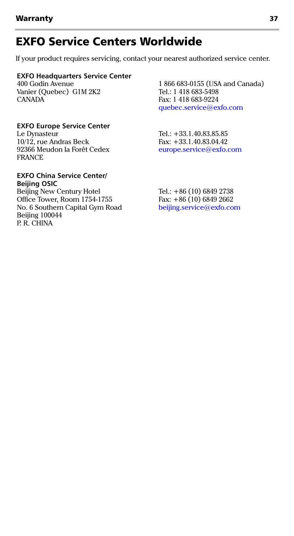 Exfo service centers worldwide | EXFO EPM-500 Power Meter User Manual | Page 42 / 45