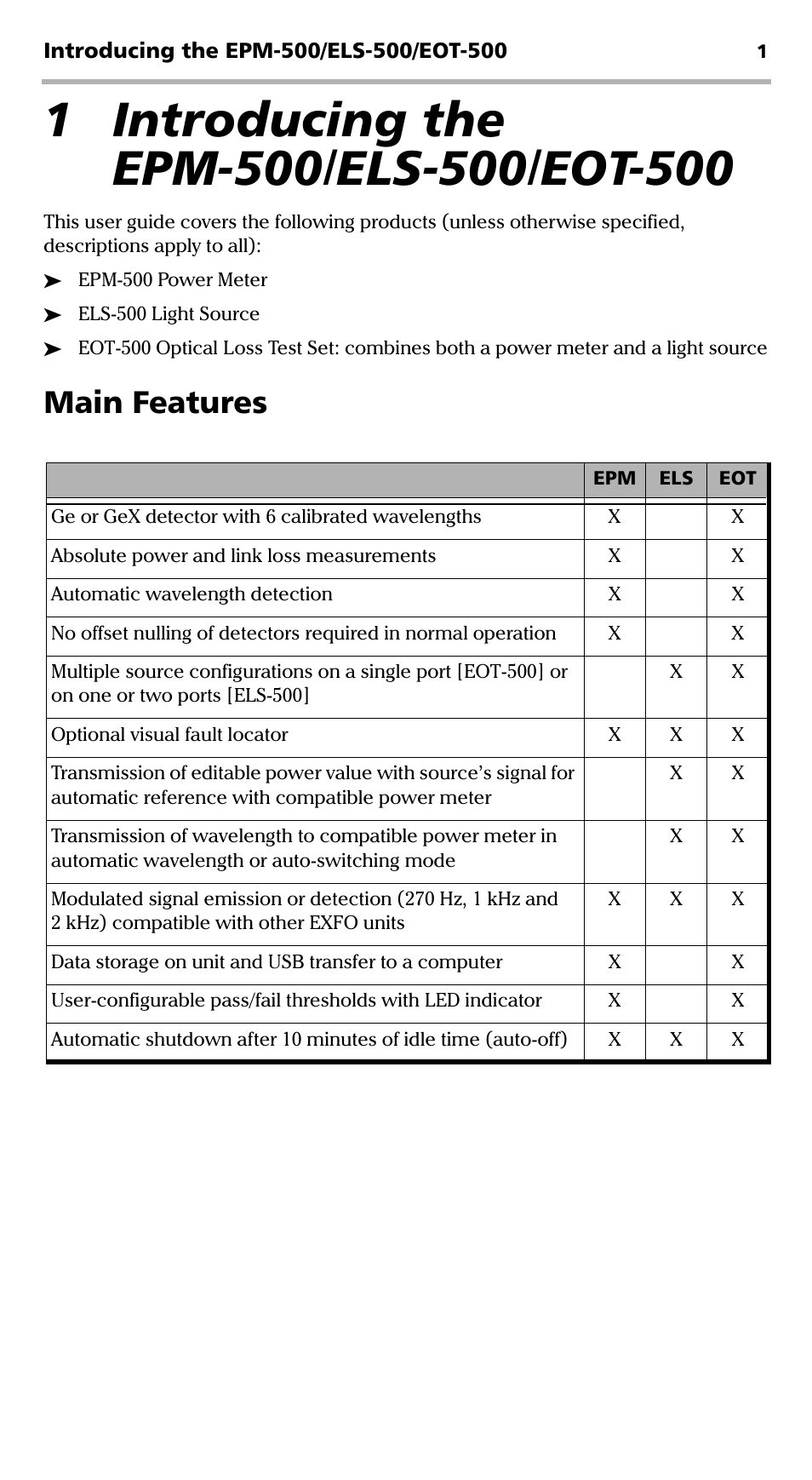 1 introducing the epm-500/els-500/eot-500, Main features | EXFO EPM-500 Power Meter User Manual | Page 6 / 45
