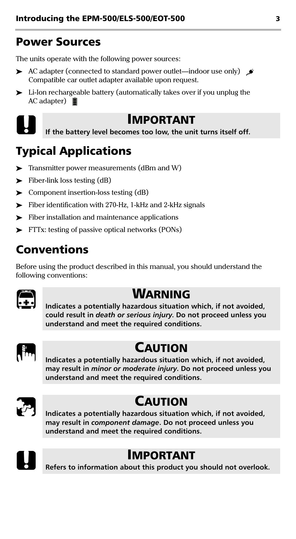Power sources, Typical applications, Conventions | Power sources typical applications conventions, Mportant, Arning, Aution | EXFO EPM-500 Power Meter User Manual | Page 8 / 45