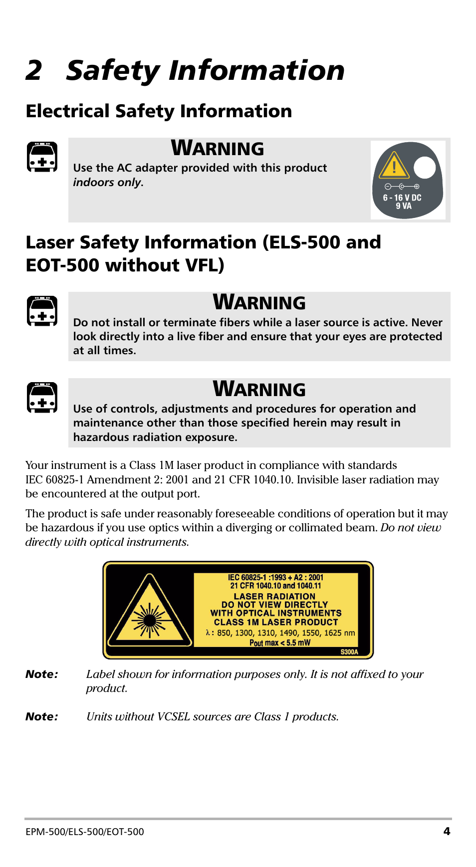2 safety information, Electrical safety information, Arning | EXFO EPM-500 Power Meter User Manual | Page 9 / 45