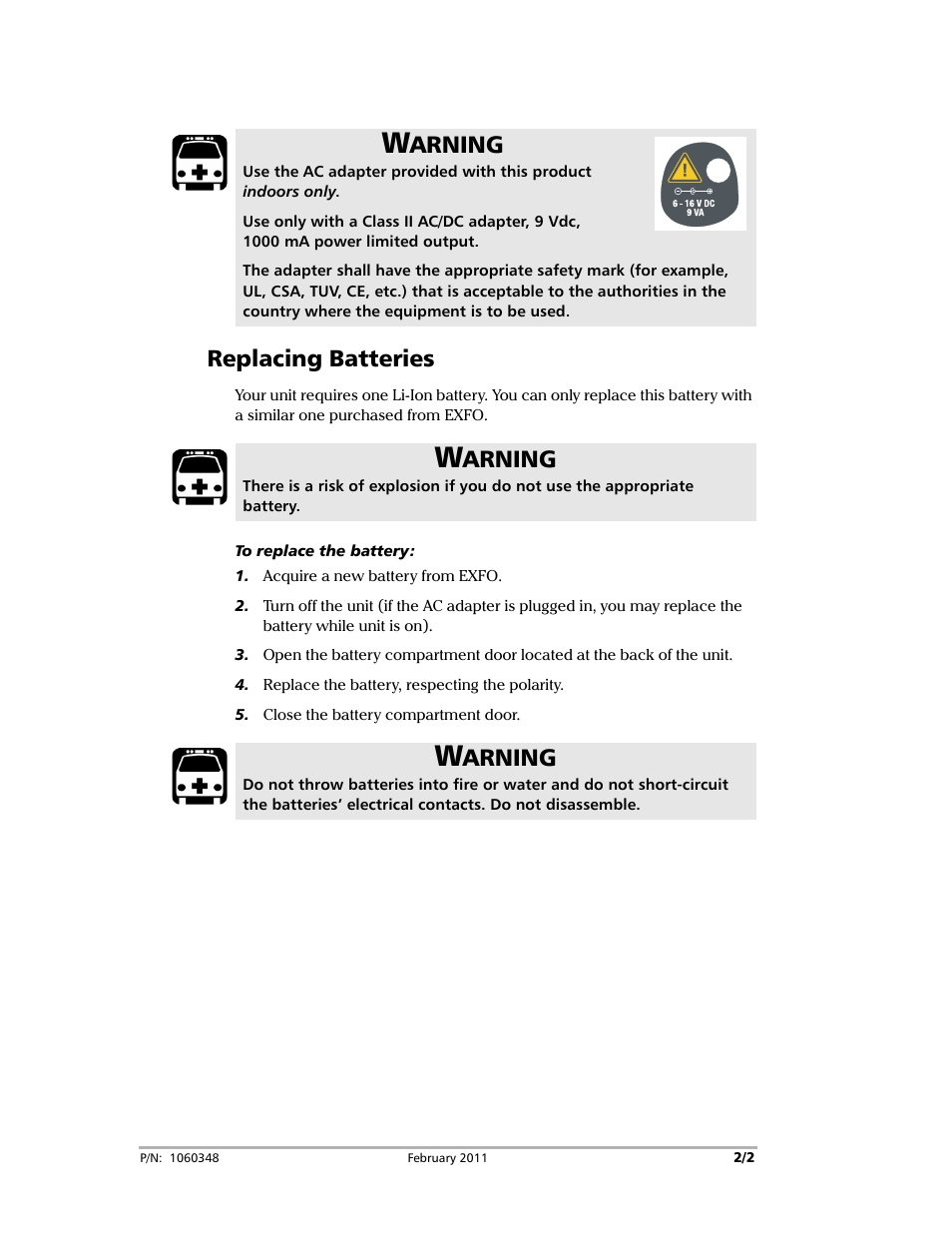 Replacing batteries, Arning | EXFO FOT Series User Manual | Page 2 / 2