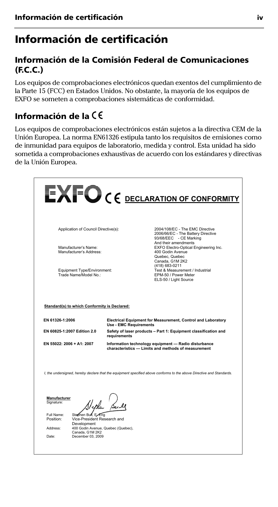 Información de la, Información de certificación, Declaration of conformity | EXFO EPM-ELS-50 User Manual | Page 106 / 206