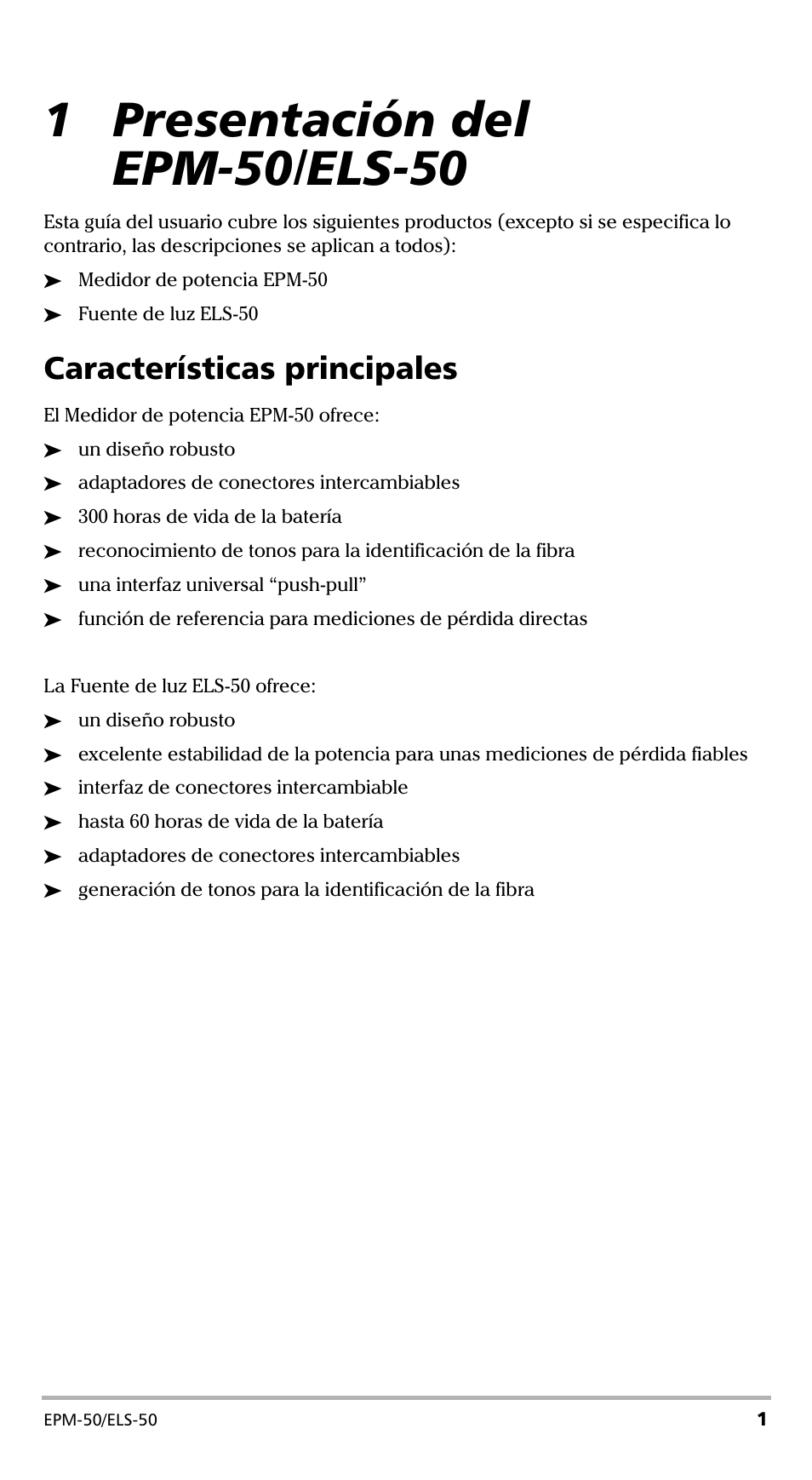 1 presentación del epm-50/els-50, Características principales | EXFO EPM-ELS-50 User Manual | Page 107 / 206