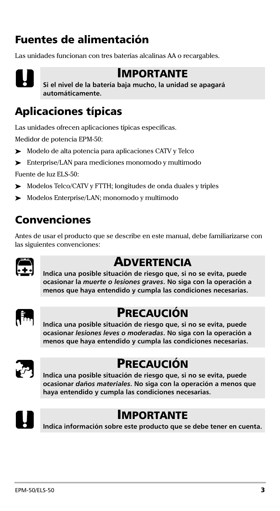 Fuentes de alimentación, Aplicaciones típicas, Convenciones | Mportante, Dvertencia, Recaución | EXFO EPM-ELS-50 User Manual | Page 109 / 206