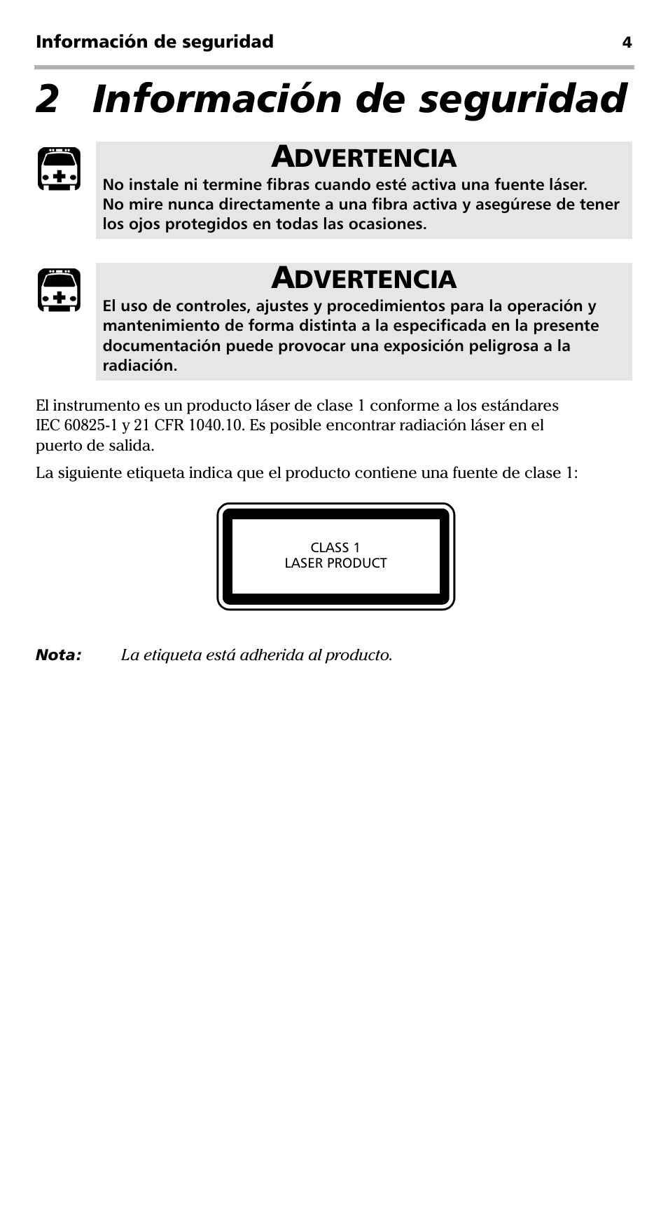 2 información de seguridad, Dvertencia | EXFO EPM-ELS-50 User Manual | Page 110 / 206