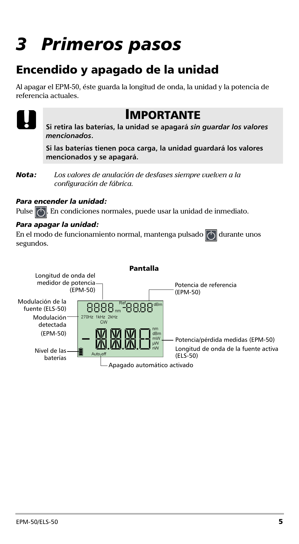 3 primeros pasos, Encendido y apagado de la unidad, Mportante | EXFO EPM-ELS-50 User Manual | Page 111 / 206