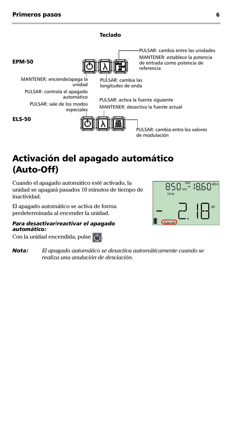 Activación del apagado automático (auto-off), Primeros pasos | EXFO EPM-ELS-50 User Manual | Page 112 / 206