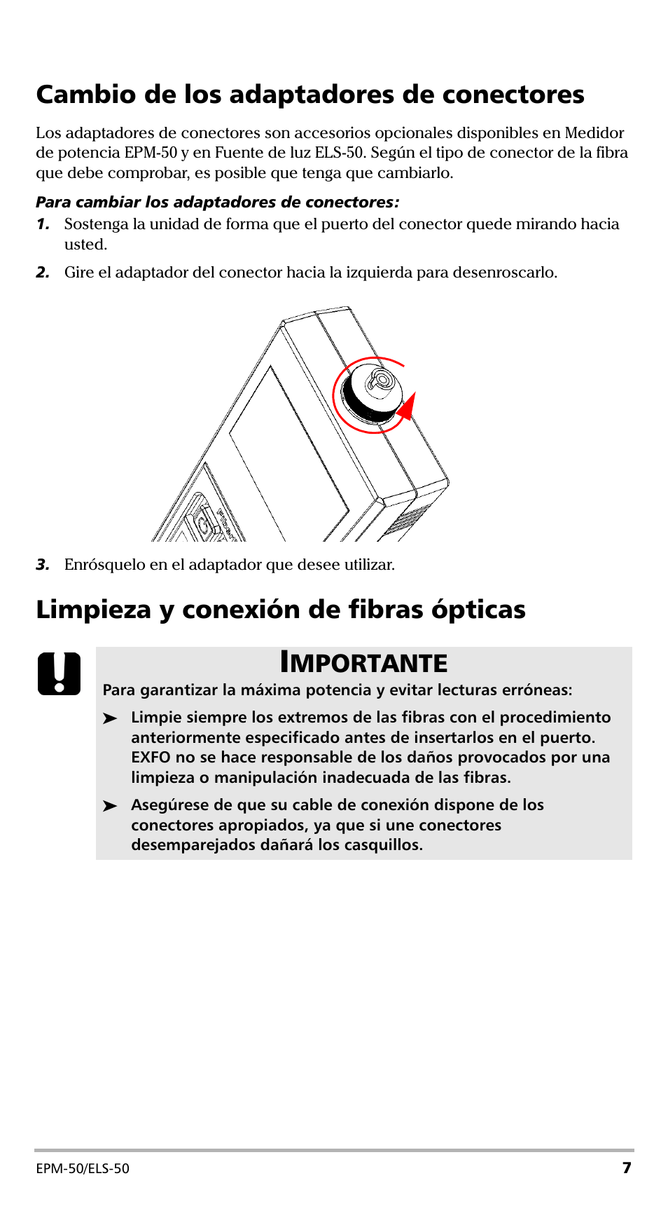 Cambio de los adaptadores de conectores, Limpieza y conexión de fibras ópticas, Mportante | EXFO EPM-ELS-50 User Manual | Page 113 / 206