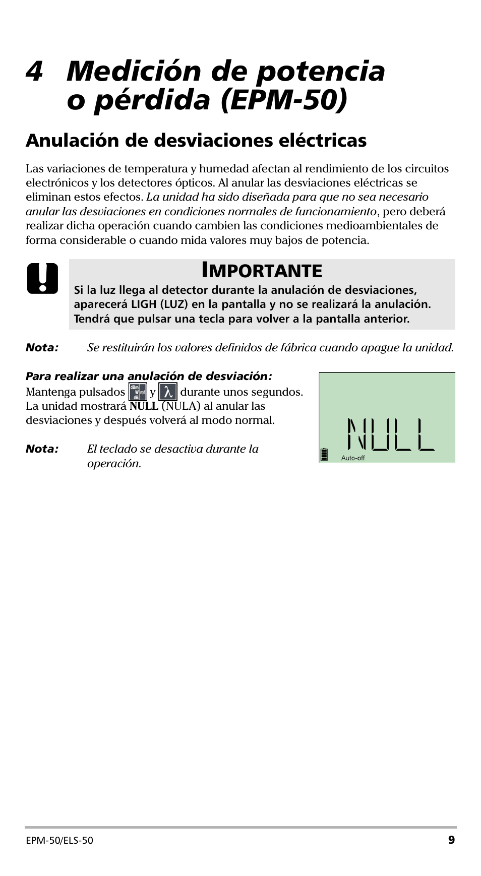 4 medición de potencia o pérdida (epm-50), Anulación de desviaciones eléctricas, Mportante | EXFO EPM-ELS-50 User Manual | Page 115 / 206