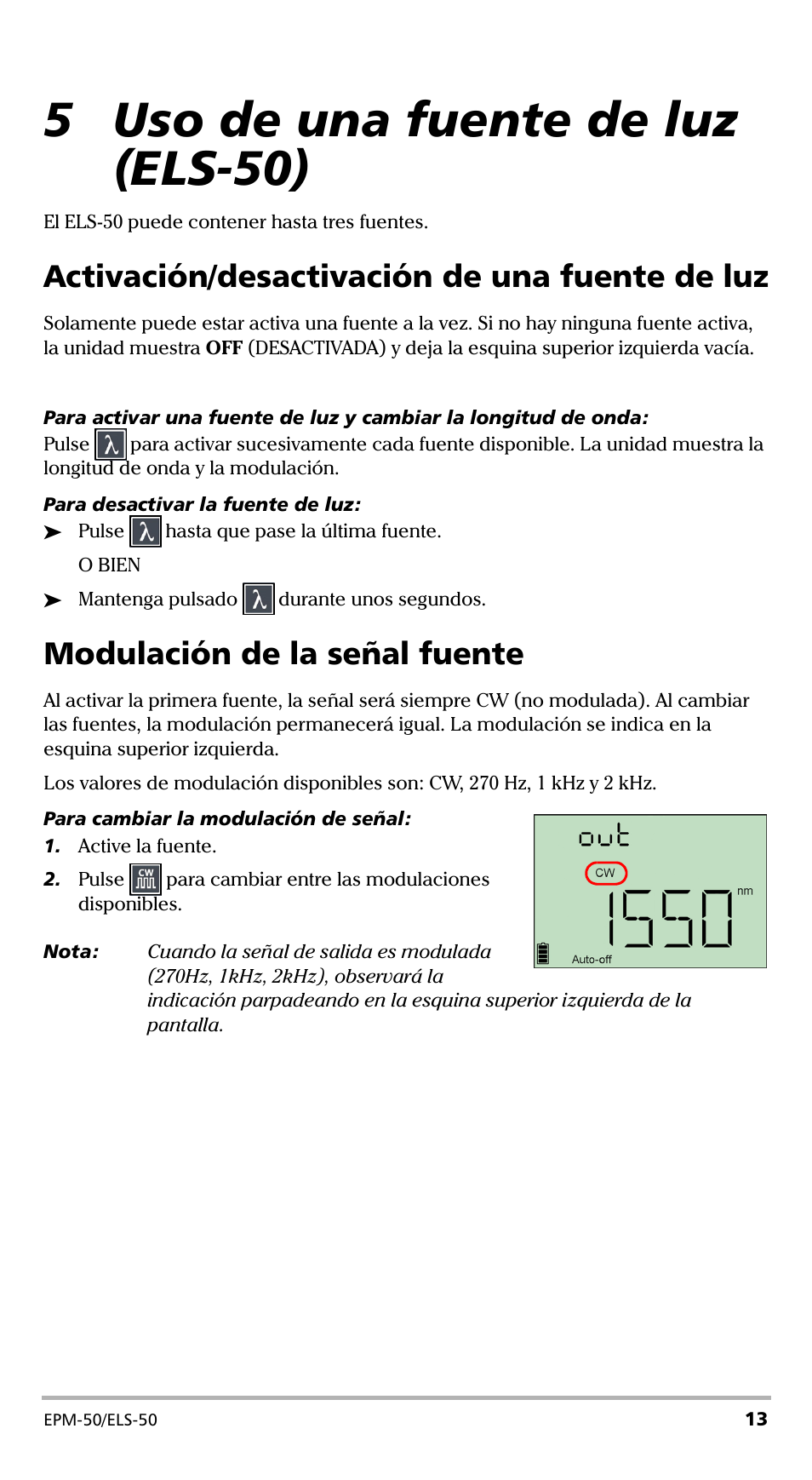 5 uso de una fuente de luz (els-50), Activación/desactivación de una fuente de luz, Modulación de la señal fuente | EXFO EPM-ELS-50 User Manual | Page 119 / 206