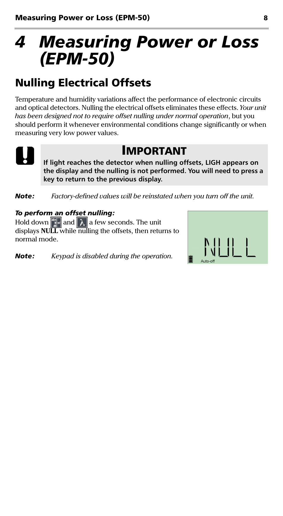4 measuring power or loss (epm-50), Nulling electrical offsets, Mportant | EXFO EPM-ELS-50 User Manual | Page 12 / 206