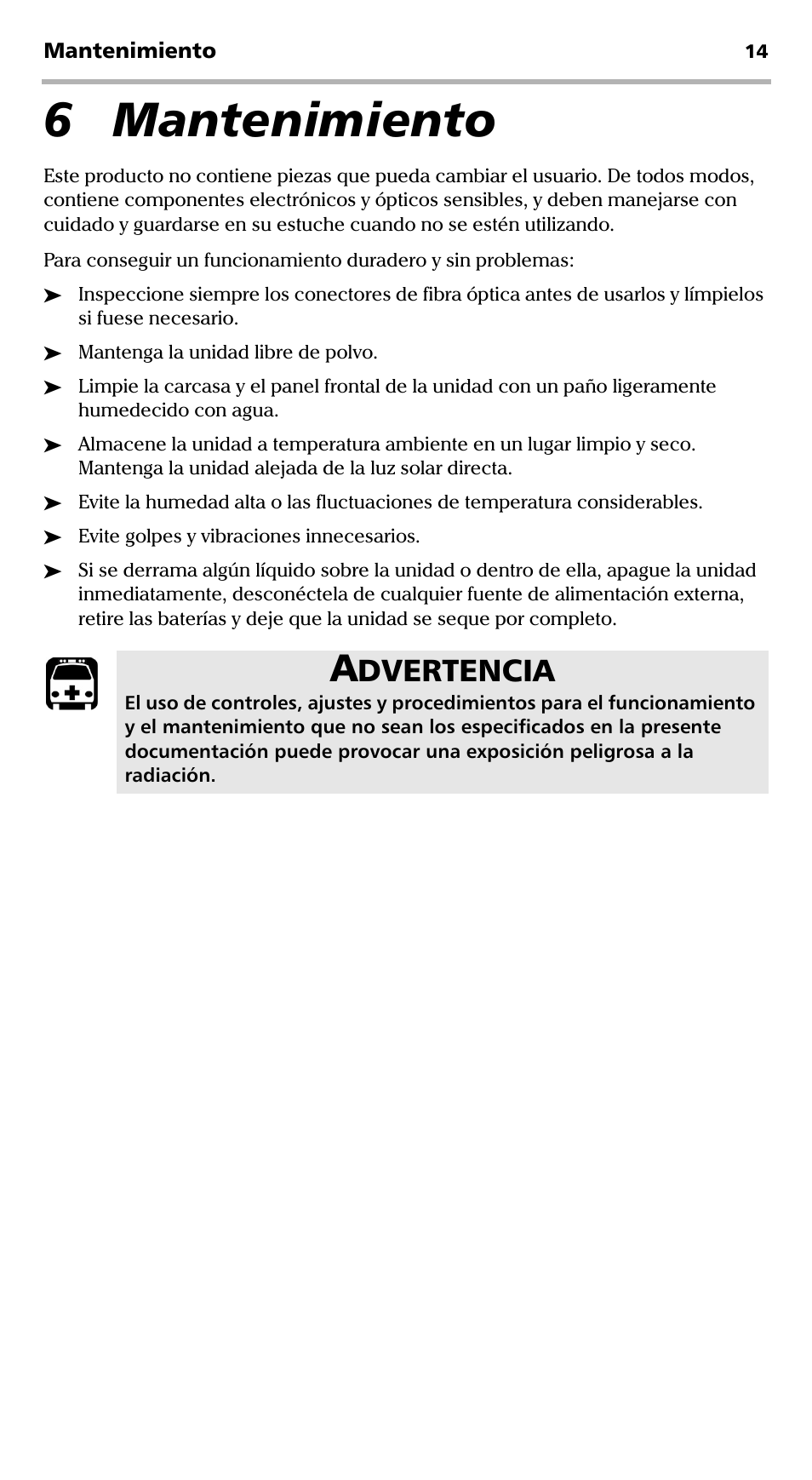 6 mantenimiento, Dvertencia | EXFO EPM-ELS-50 User Manual | Page 120 / 206