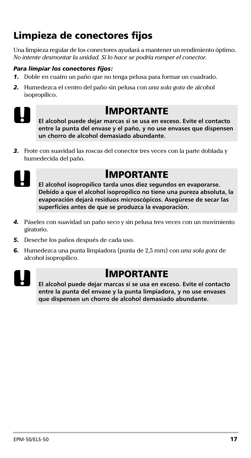 Limpieza de conectores fijos, Mportante | EXFO EPM-ELS-50 User Manual | Page 123 / 206
