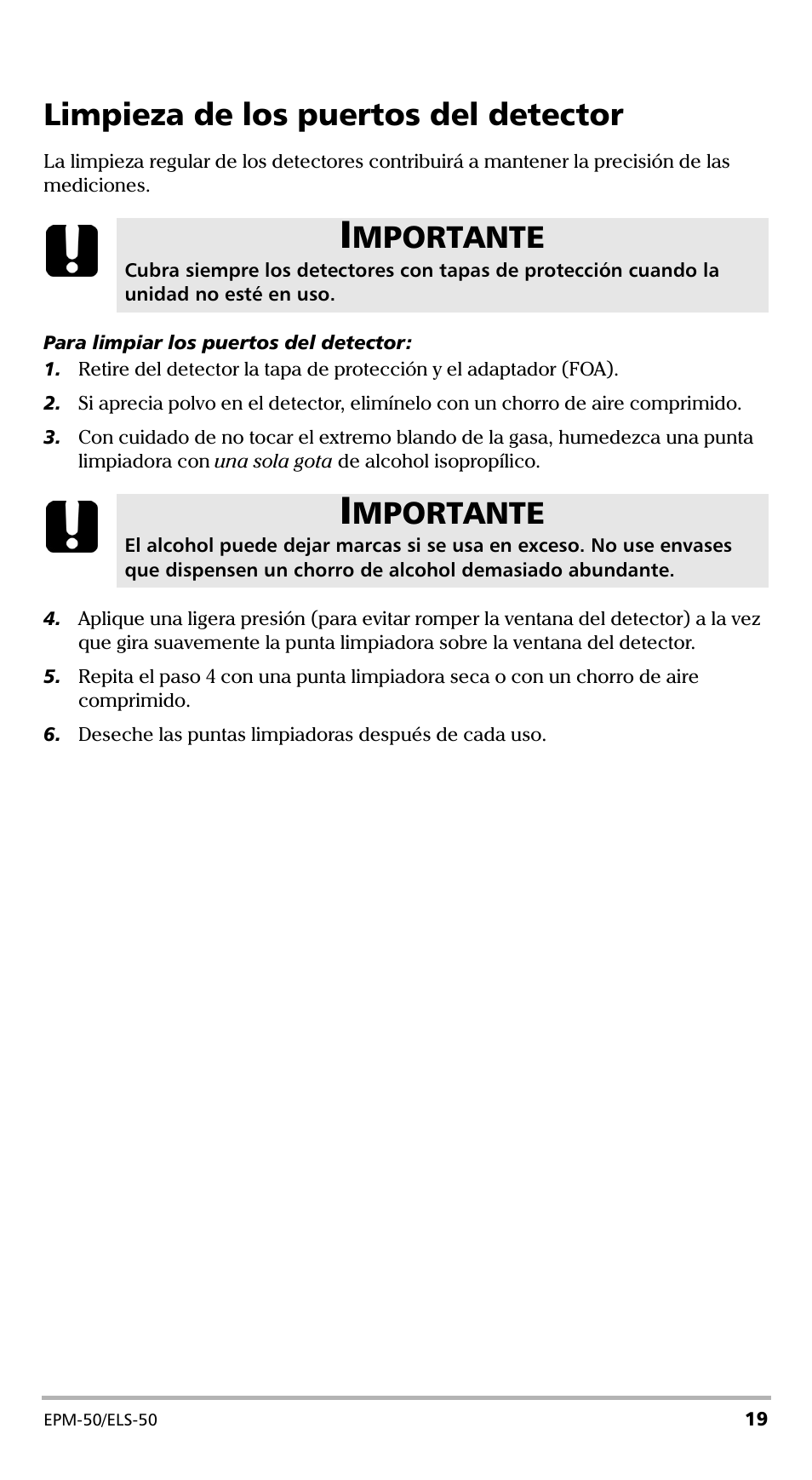 Limpieza de los puertos del detector, Mportante | EXFO EPM-ELS-50 User Manual | Page 125 / 206