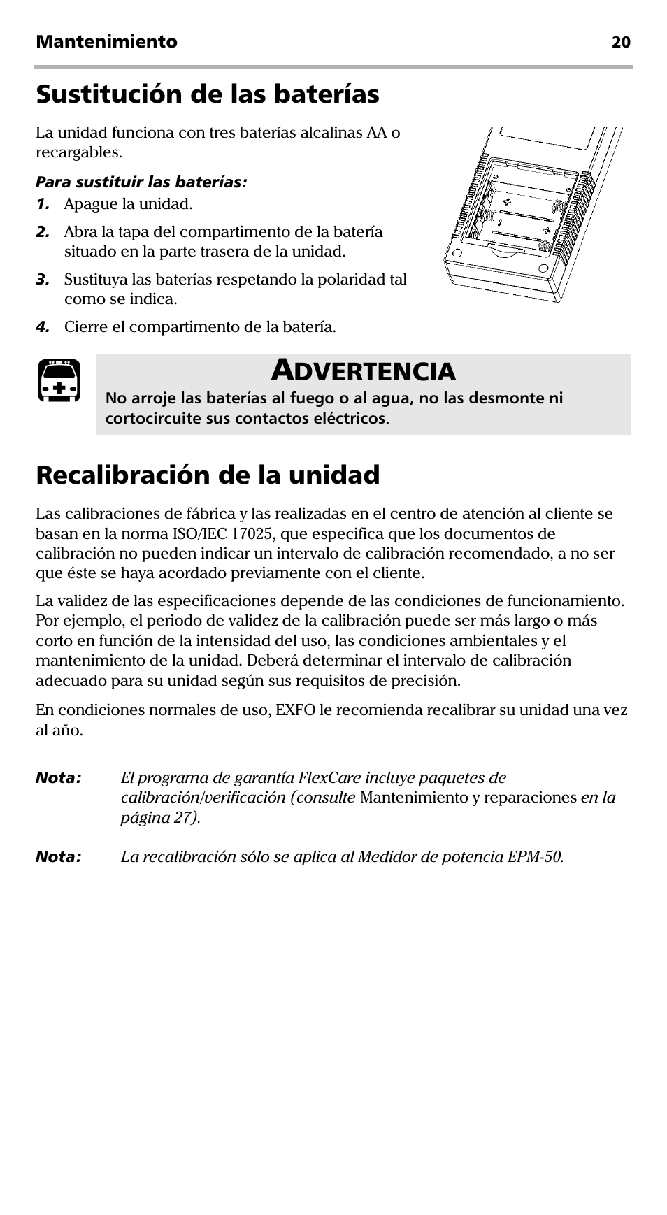 Sustitución de las baterías, Recalibración de la unidad, Dvertencia | EXFO EPM-ELS-50 User Manual | Page 126 / 206