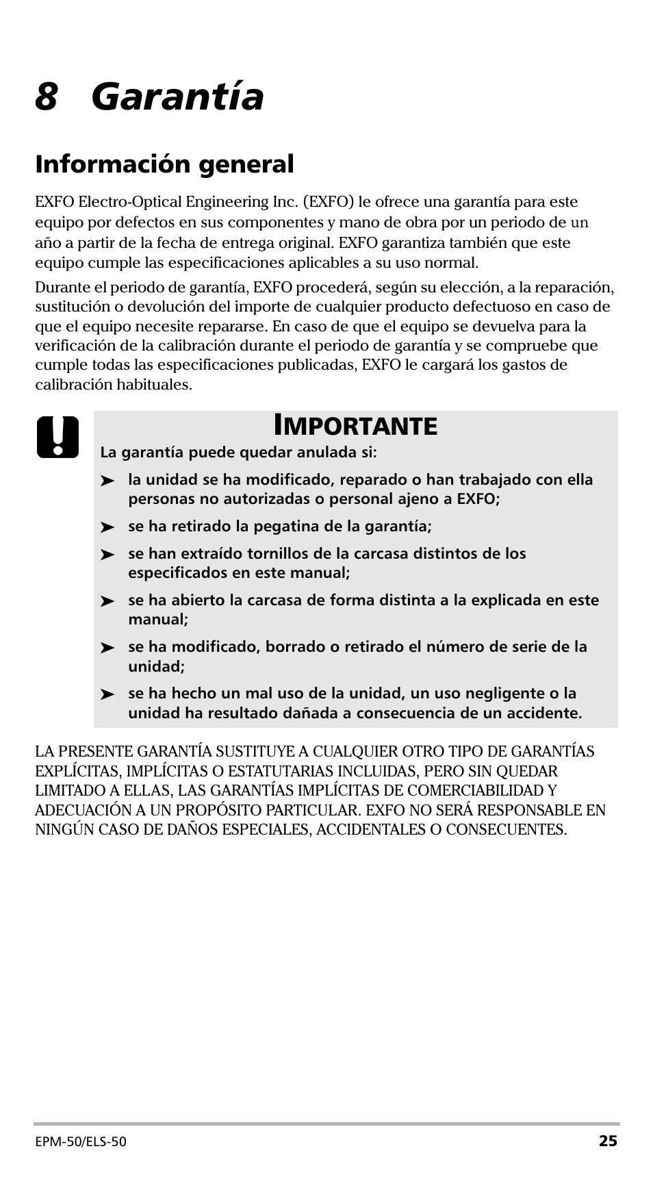 8 garantía, Información general, Mportante | EXFO EPM-ELS-50 User Manual | Page 131 / 206