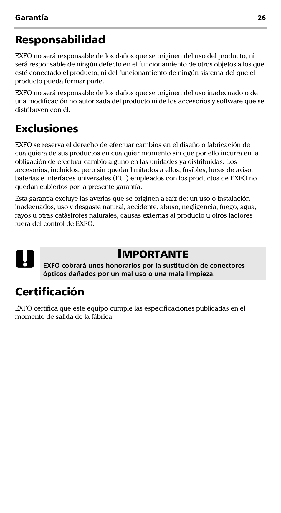 Responsabilidad exclusiones certificación, Responsabilidad, Exclusiones | Certificación, Mportante | EXFO EPM-ELS-50 User Manual | Page 132 / 206