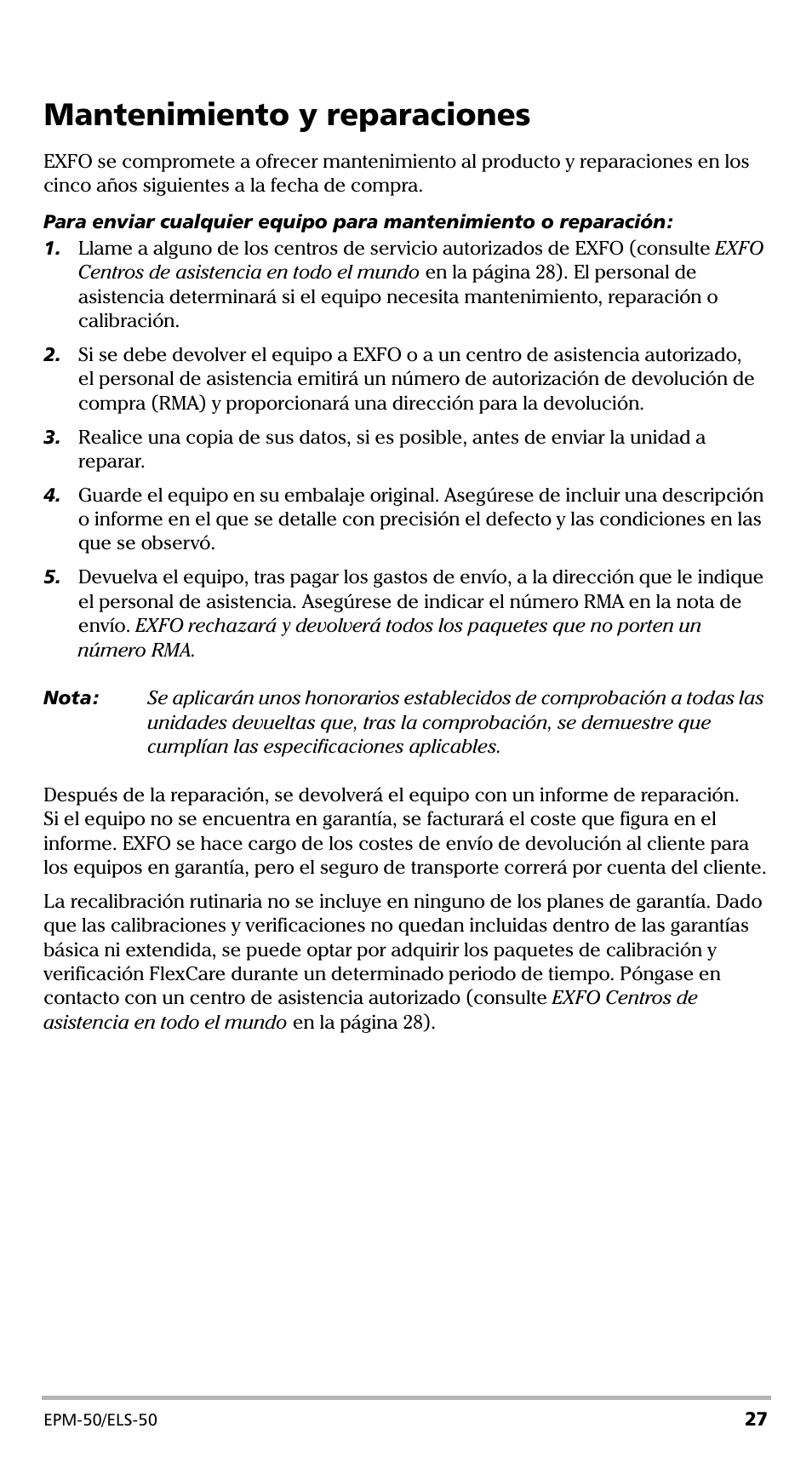 Mantenimiento y reparaciones | EXFO EPM-ELS-50 User Manual | Page 133 / 206