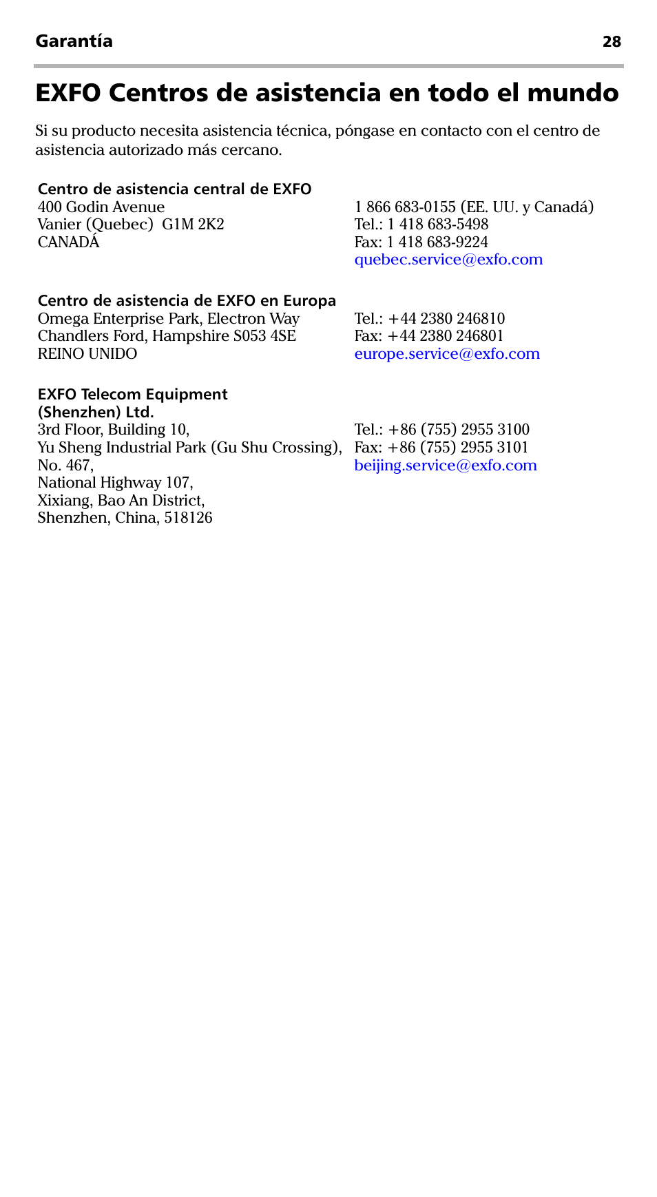Exfo centros de asistencia en todo el mundo | EXFO EPM-ELS-50 User Manual | Page 134 / 206