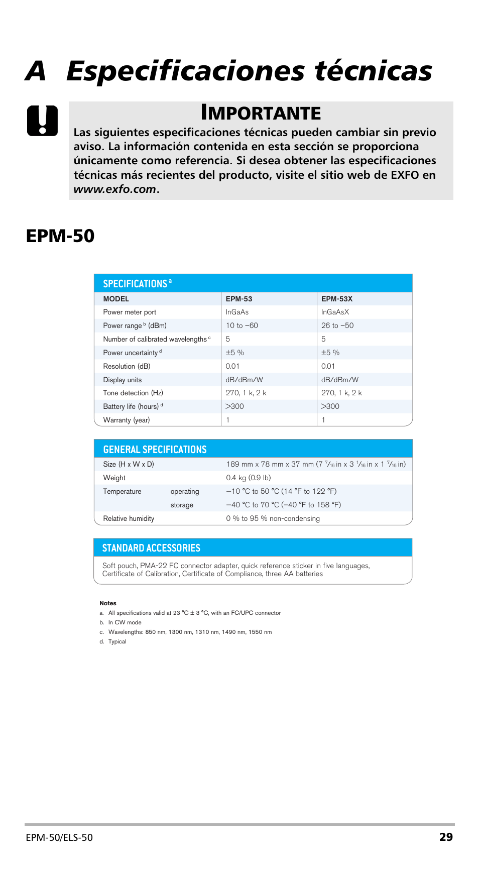 A especificaciones técnicas, Epm-50, Mportante | Optional accessories, Standard accessories, General specifications, Specifications, Epm-50/els-50 | EXFO EPM-ELS-50 User Manual | Page 135 / 206