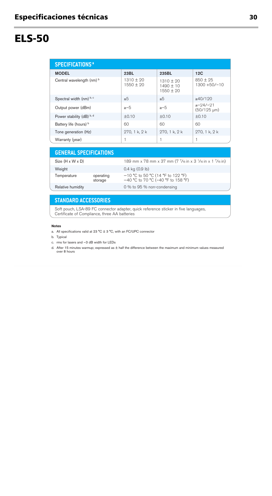 Els-50, Especificaciones técnicas, Specifications | Standard accessories, General specifications, Optional accessories | EXFO EPM-ELS-50 User Manual | Page 136 / 206
